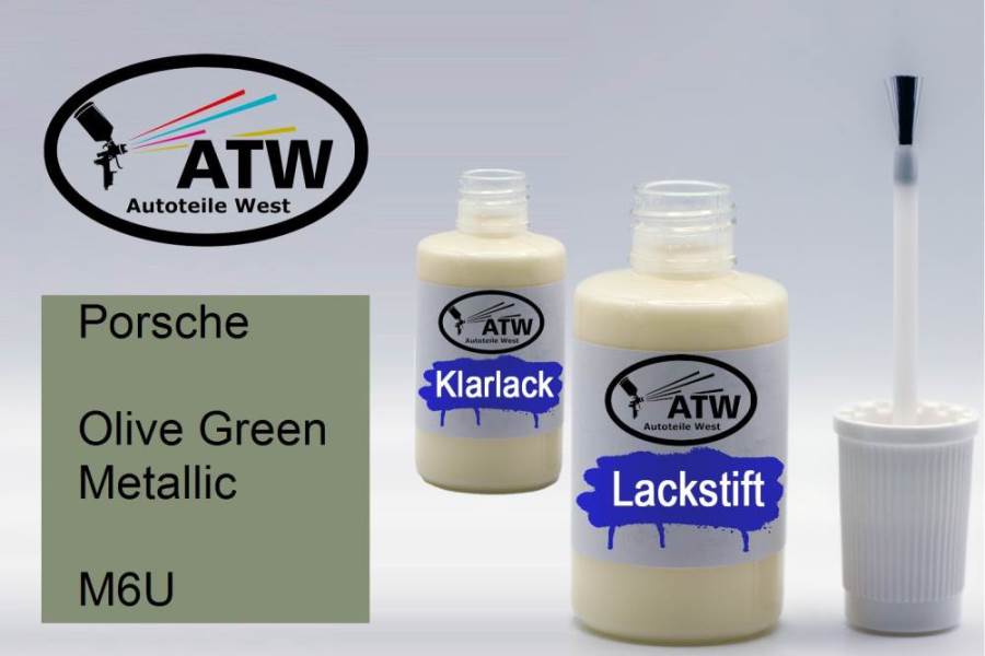 Porsche, Olive Green Metallic, M6U: 20ml Lackstift + 20ml Klarlack - Set, von ATW Autoteile West.